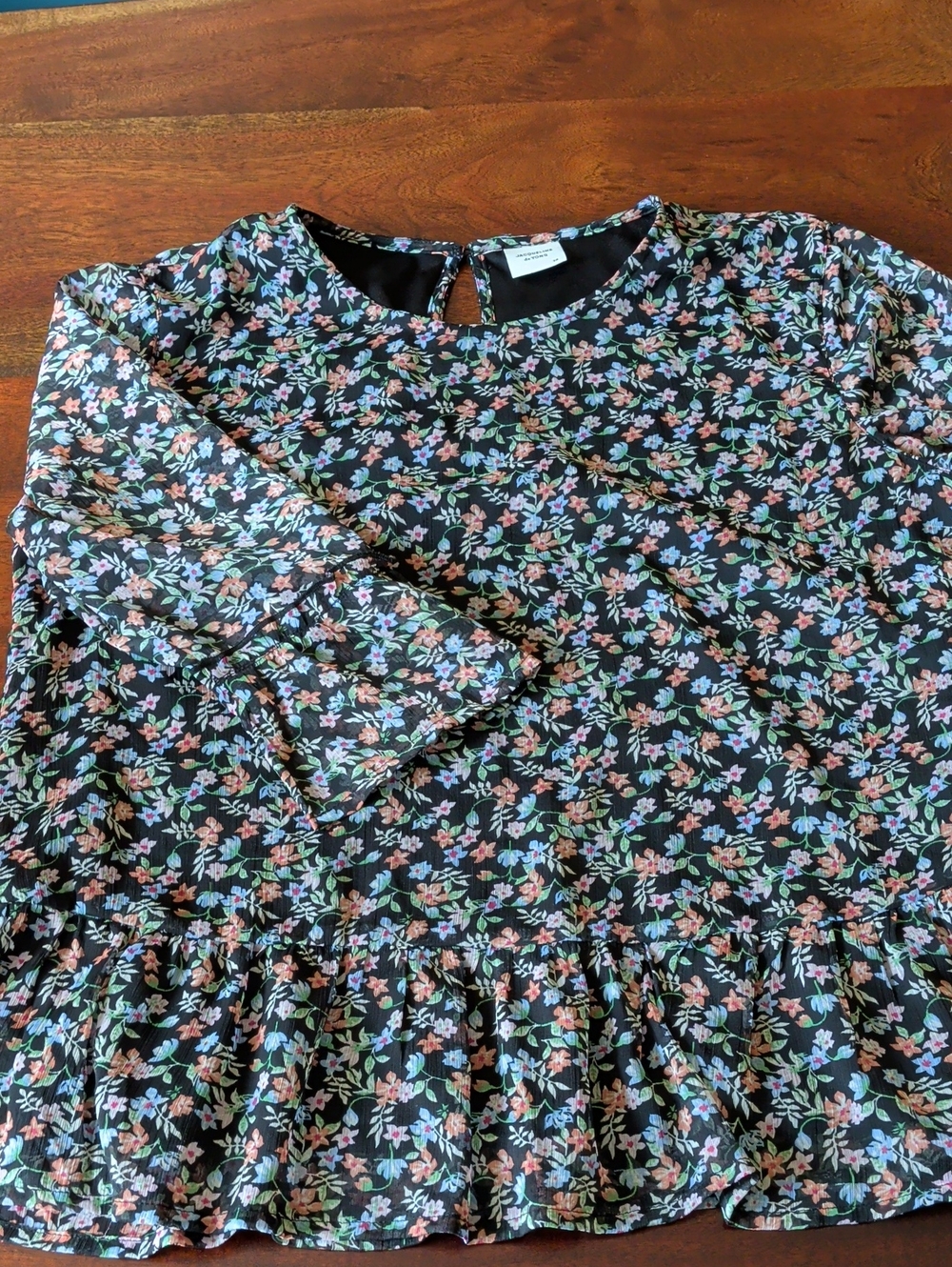 Black Floral Peplum Blouse - Pink & Green Flower Print
